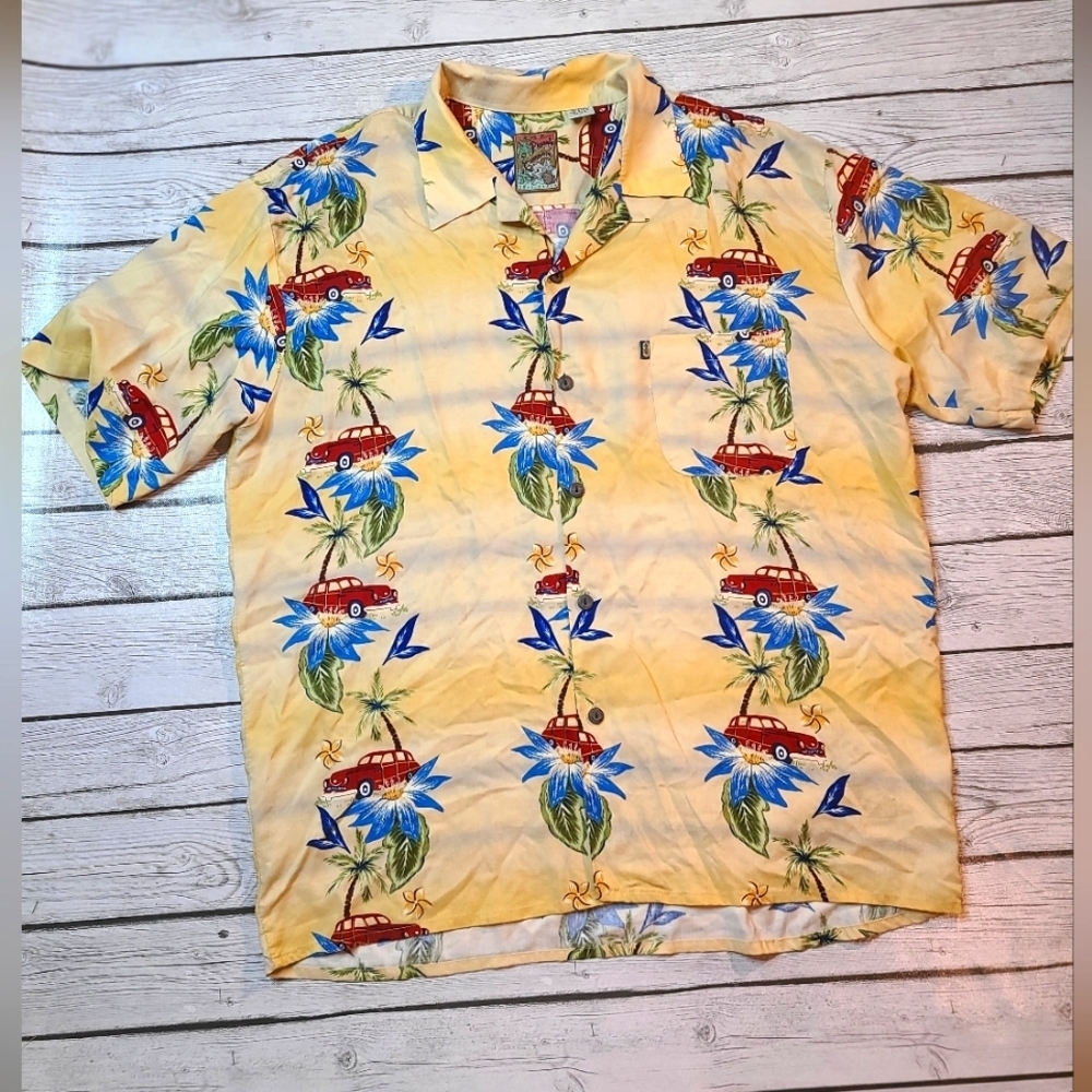 Pineapple Connection Mens Red Hawaiian Surf Cars Button Up Shirt